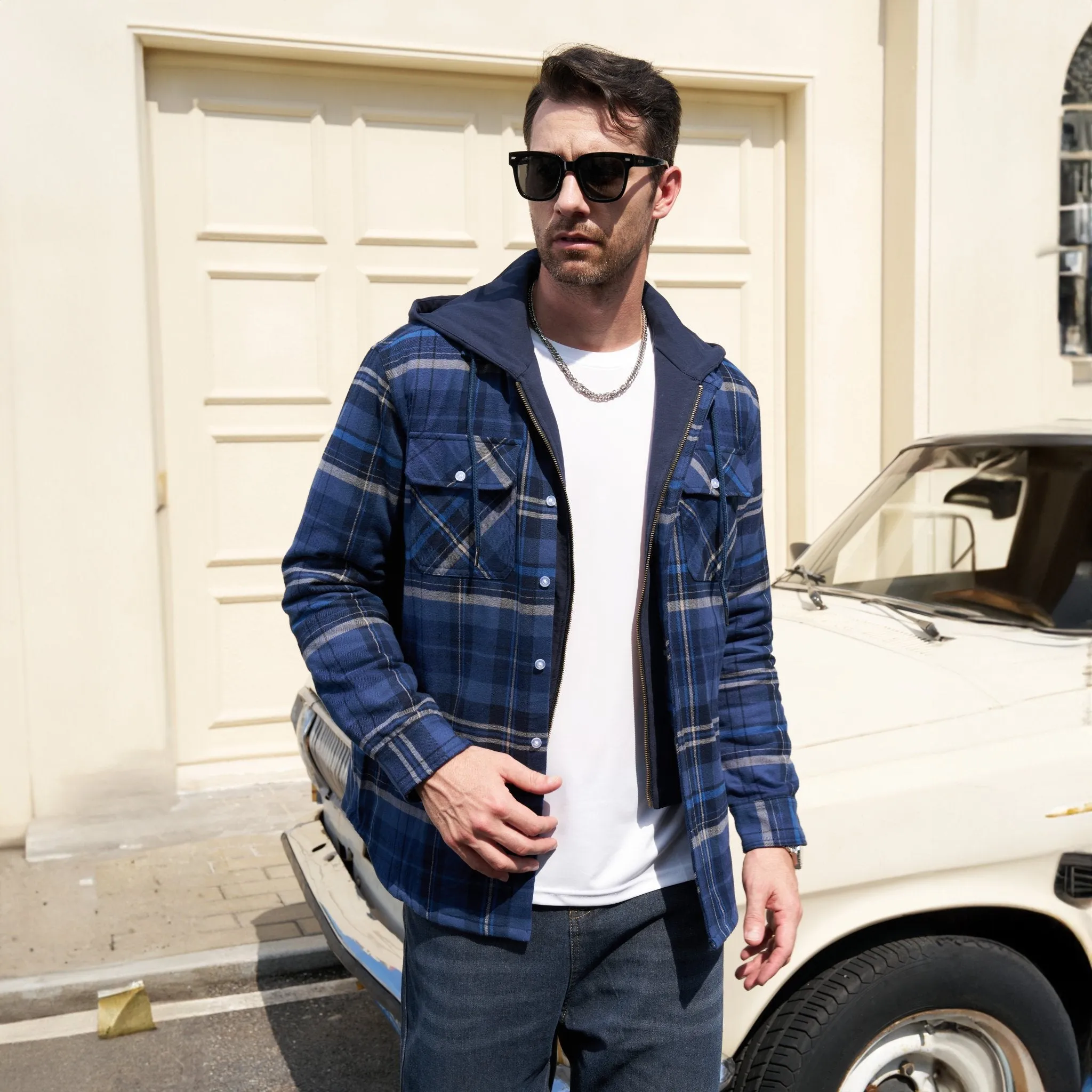Men's Flannel Jacket with Removable Hood 5 Pockets Quilted Plaid Shirt Jackets Winter Coats Thick Flannel Hoodie