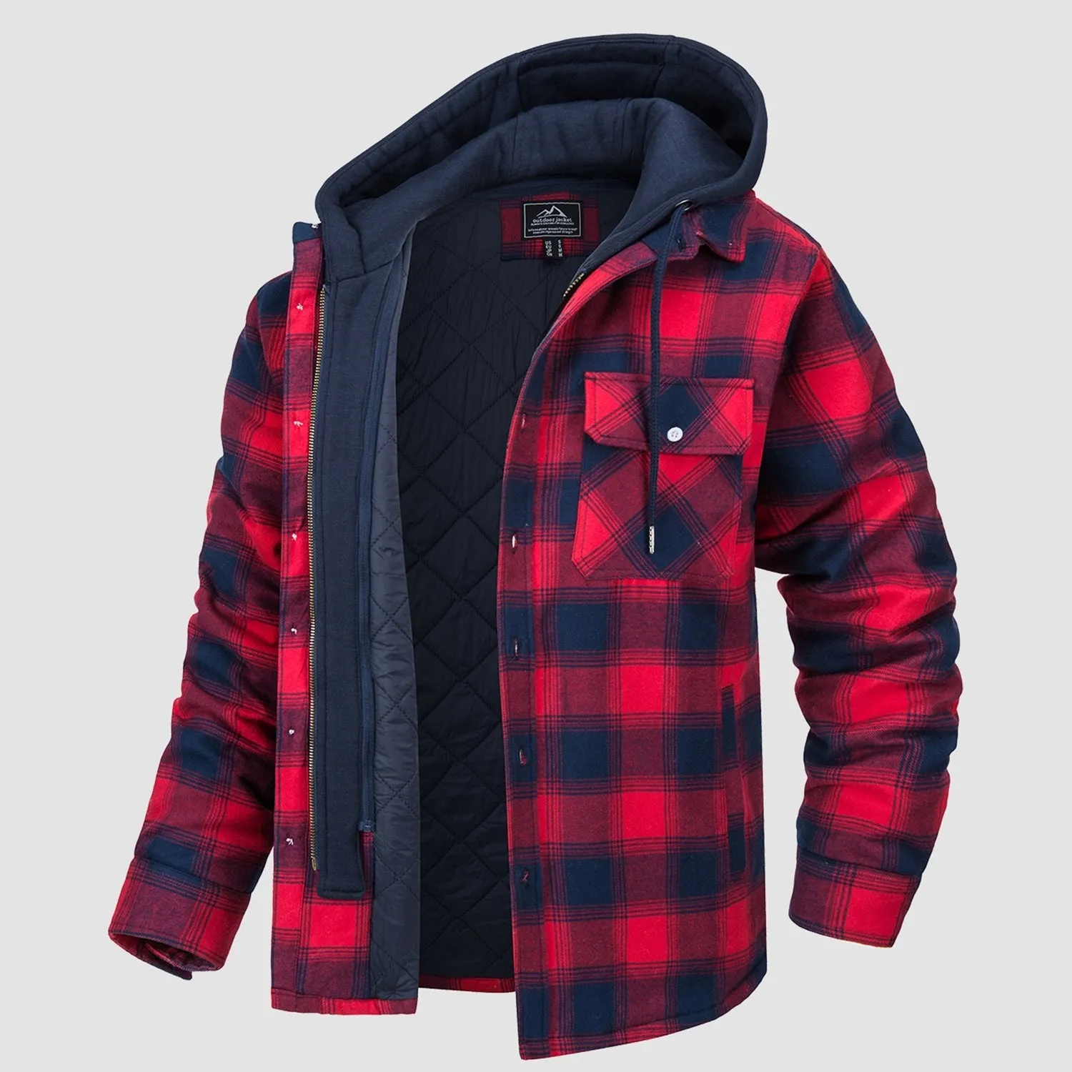 Men's Flannel Jacket with Removable Hood 5 Pockets Quilted Plaid Shirt Jackets Winter Coats Thick Flannel Hoodie