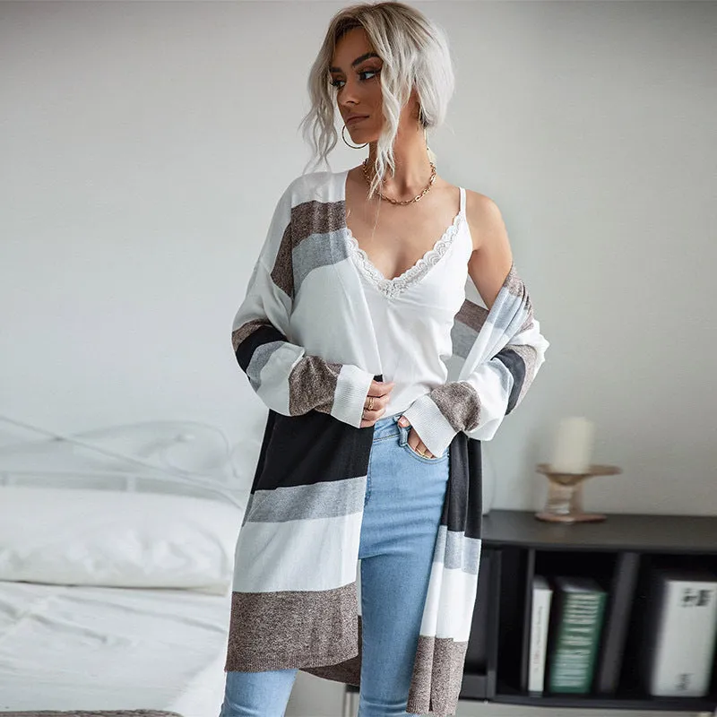 METAVERSMALL New 2023 Spring and Autumn New Women's Clothing Thin Color-matching Striped Sweater Casual Home Air Conditioning Cardigan