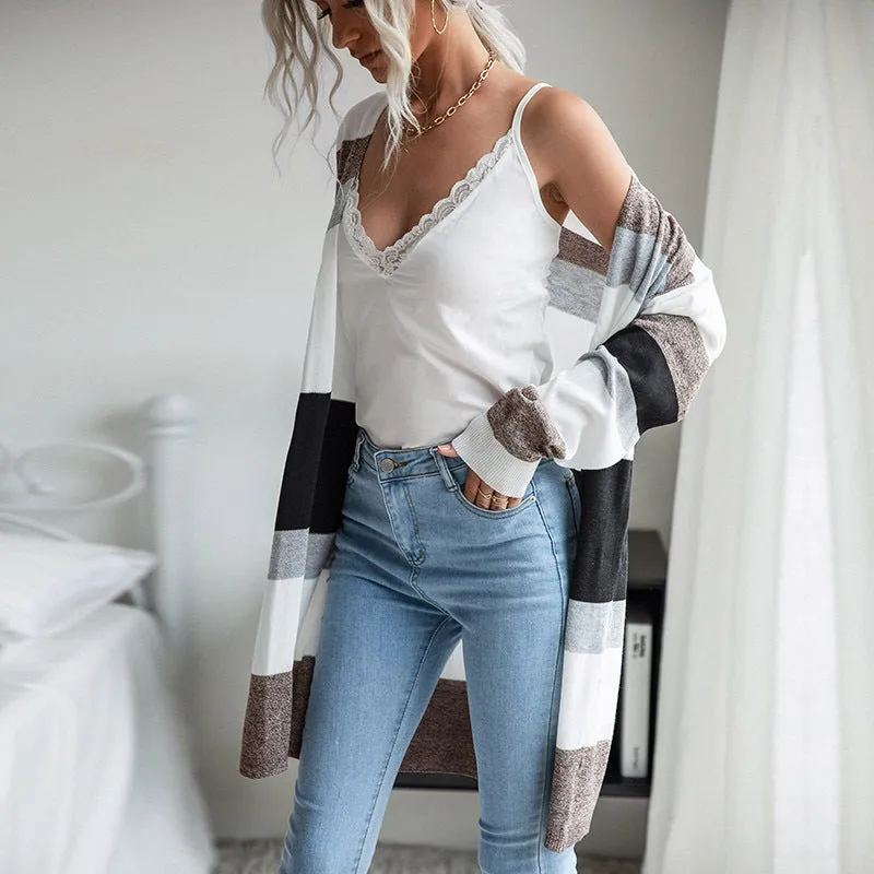 METAVERSMALL New 2023 Spring and Autumn New Women's Clothing Thin Color-matching Striped Sweater Casual Home Air Conditioning Cardigan