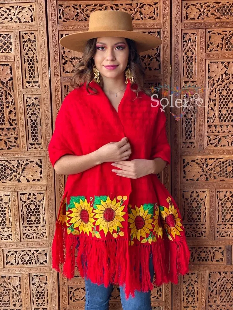 Mexican Traditional Embroidered Shawl. Rebozo Girasoles