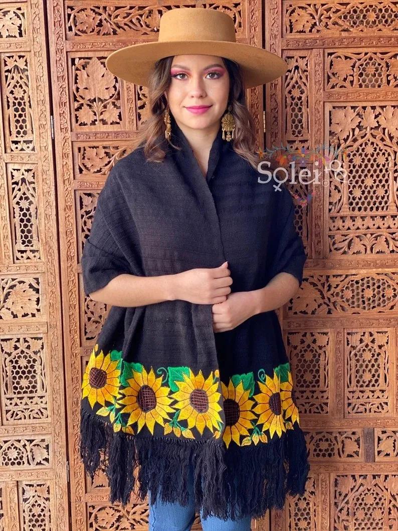 Mexican Traditional Embroidered Shawl. Rebozo Girasoles
