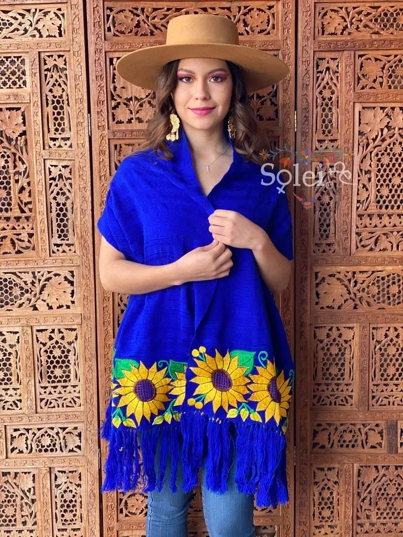 Mexican Traditional Embroidered Shawl. Rebozo Girasoles