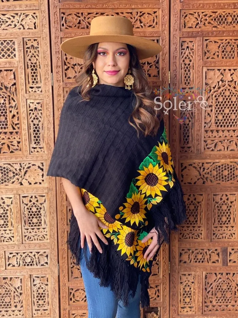 Mexican Traditional Embroidered Shawl. Rebozo Girasoles