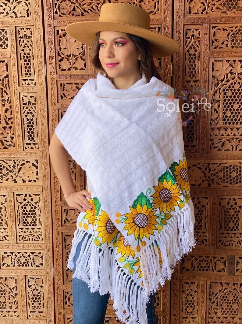 Mexican Traditional Embroidered Shawl. Rebozo Girasoles