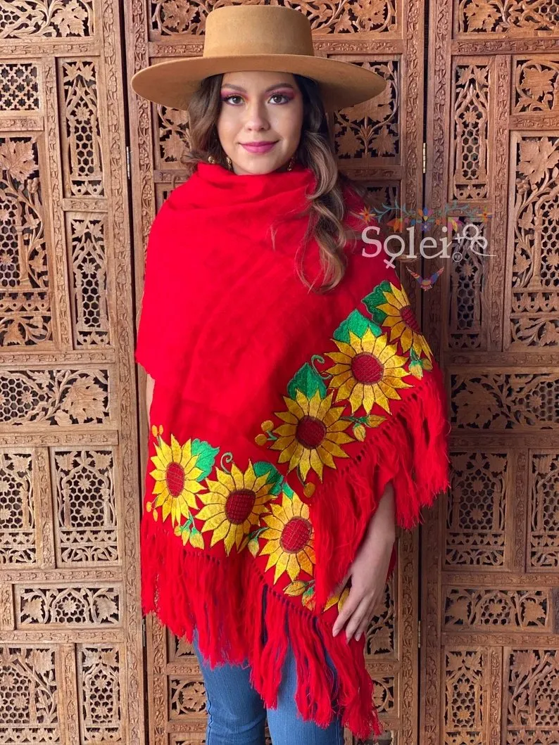 Mexican Traditional Embroidered Shawl. Rebozo Girasoles