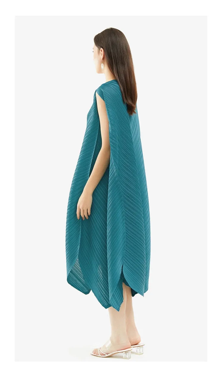 Miyake Pleated Irregular Hem Sleeveless Midi Dress