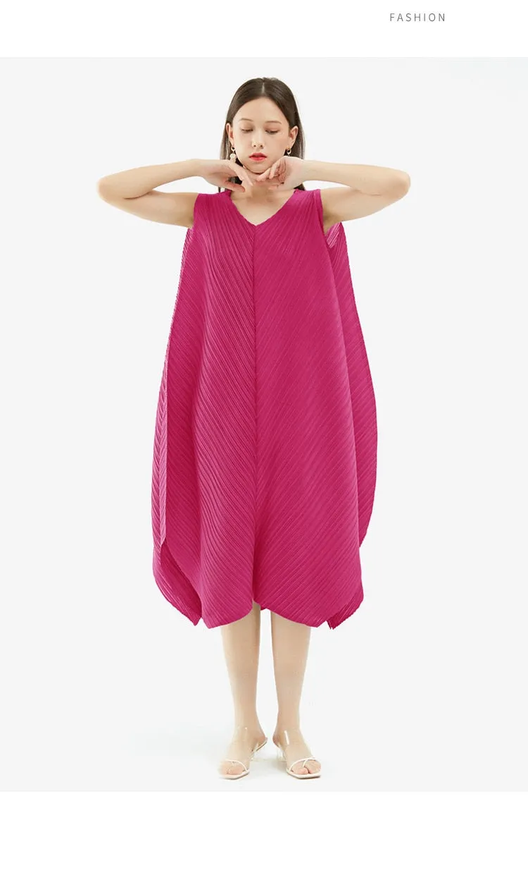 Miyake Pleated Irregular Hem Sleeveless Midi Dress