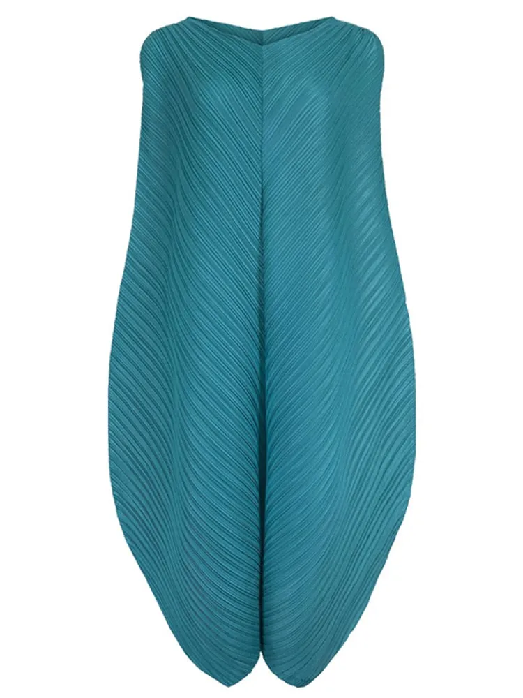 Miyake Pleated Irregular Hem Sleeveless Midi Dress