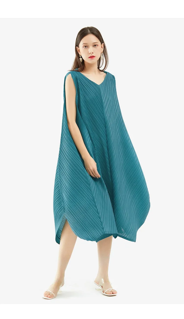 Miyake Pleated Irregular Hem Sleeveless Midi Dress