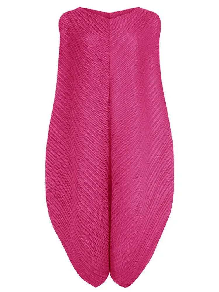 Miyake Pleated Irregular Hem Sleeveless Midi Dress