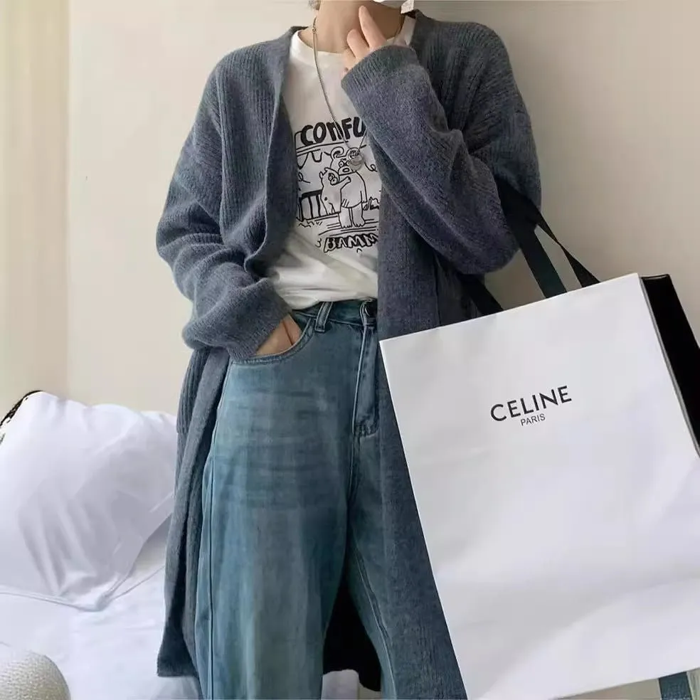 MS039  Casual Style Cardigan Knitted Loose Mid-Length Sweater