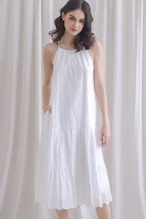 Nicolien Eyelet Tier Cut In Midi Dress In White