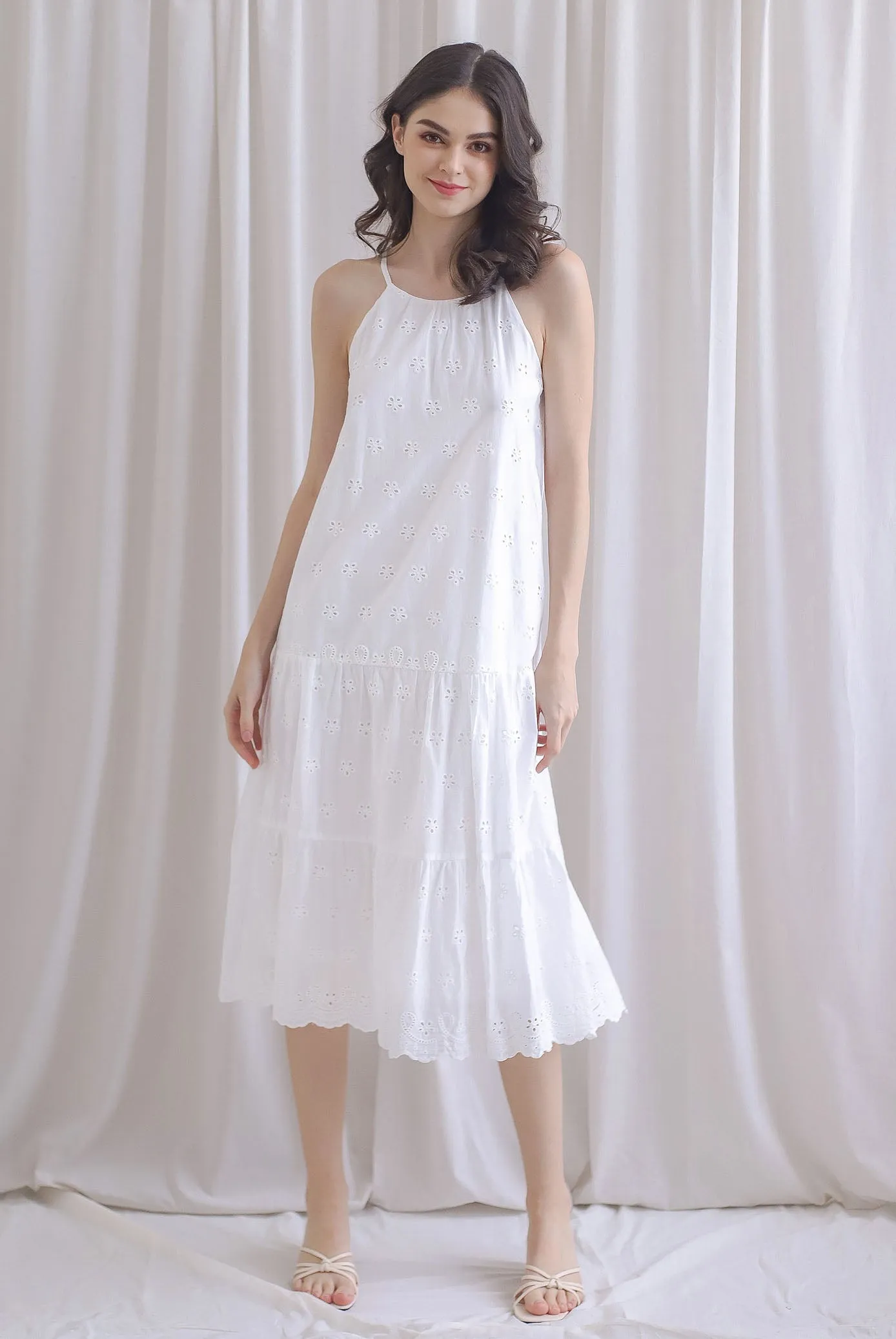 Nicolien Eyelet Tier Cut In Midi Dress In White