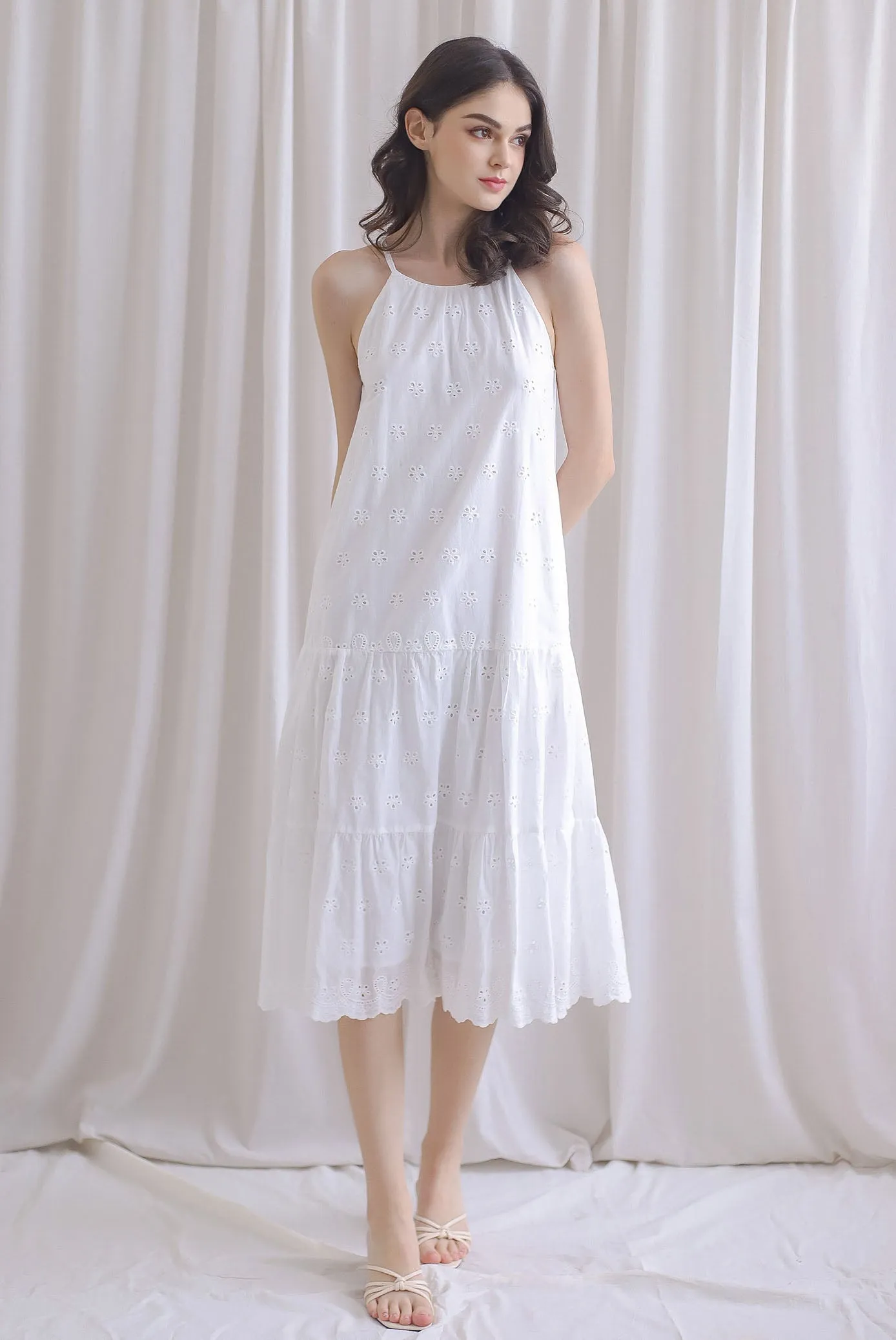 Nicolien Eyelet Tier Cut In Midi Dress In White