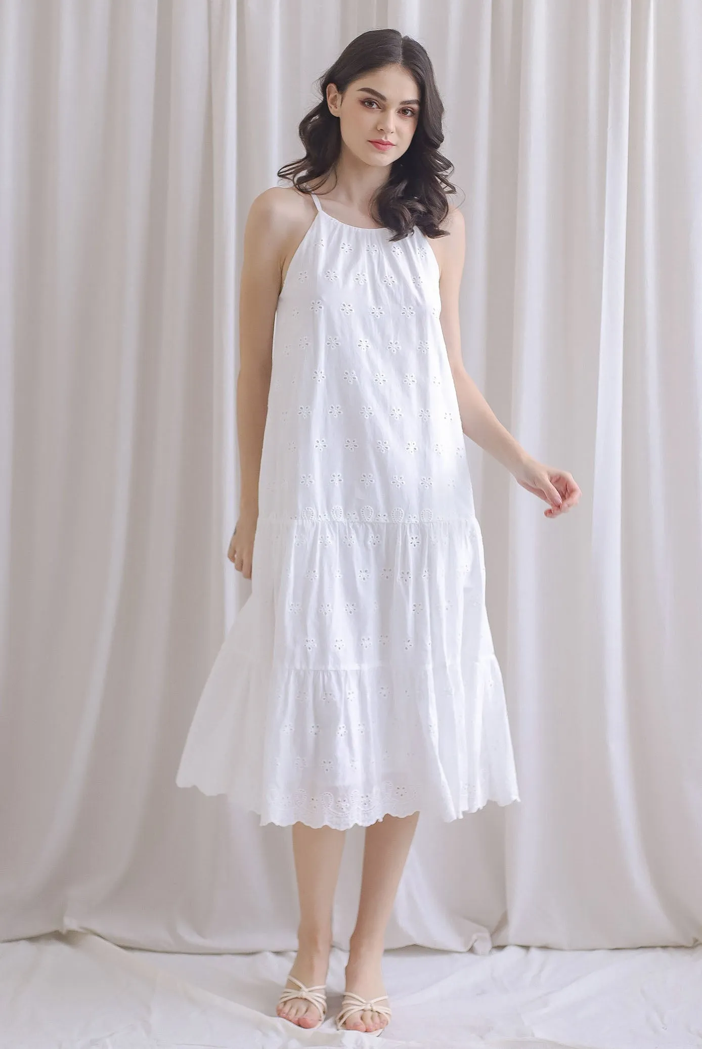 Nicolien Eyelet Tier Cut In Midi Dress In White