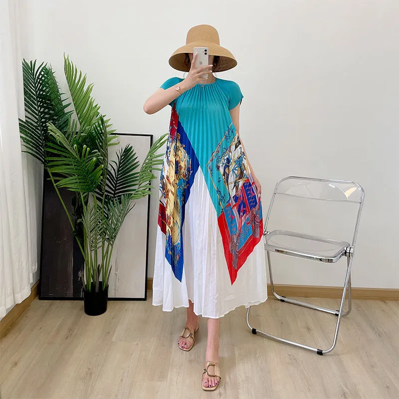 Pleated Round Neck Raglan Sleeve Midi Dress