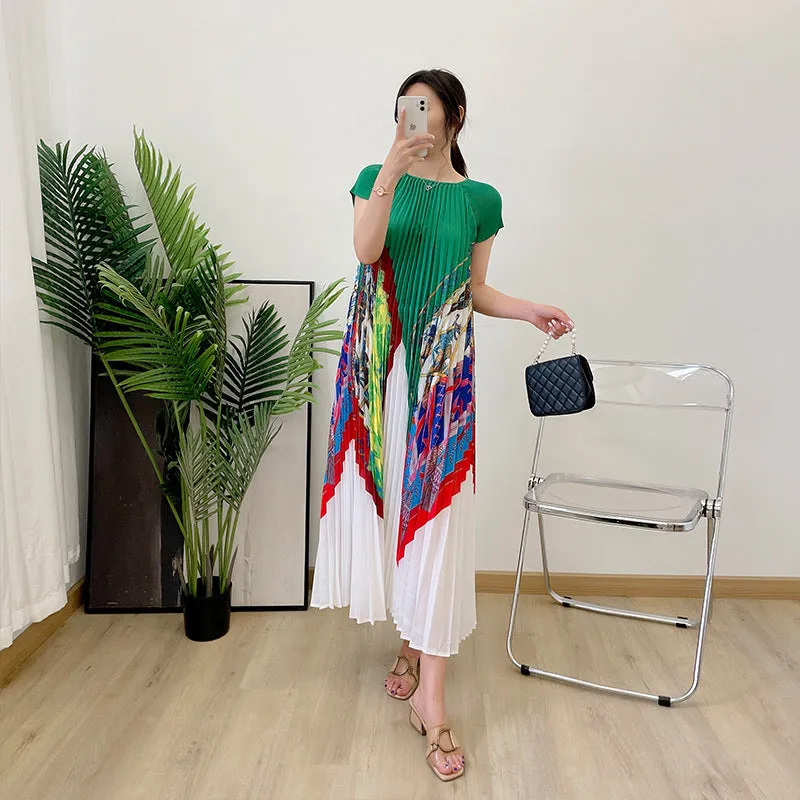 Pleated Round Neck Raglan Sleeve Midi Dress