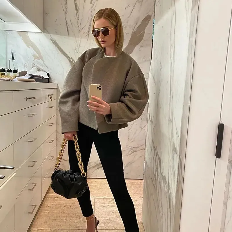 Purpdrank - Casual Warm Wool Cropped Coat Women Fashion V-neck Long Sleeve Coats Winter Female High Street Woolen Short Cardigan Jacket 2023