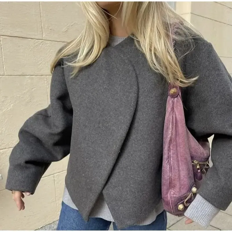 Purpdrank - Casual Warm Wool Cropped Coat Women Fashion V-neck Long Sleeve Coats Winter Female High Street Woolen Short Cardigan Jacket 2023