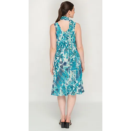 Sleeve Less Semi Long Blue Printed 2 in 1 Reversible Dress For Women