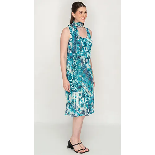 Sleeve Less Semi Long Blue Printed 2 in 1 Reversible Dress For Women