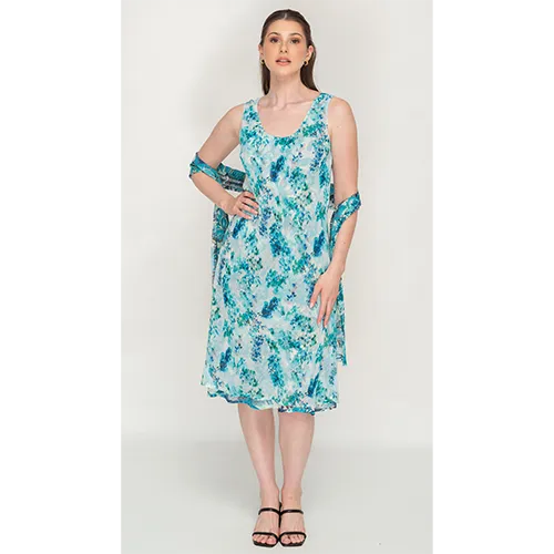 Sleeve Less Semi Long Blue Printed 2 in 1 Reversible Dress For Women