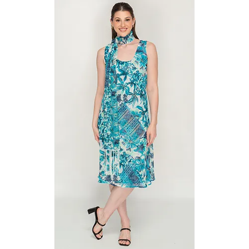 Sleeve Less Semi Long Blue Printed 2 in 1 Reversible Dress For Women