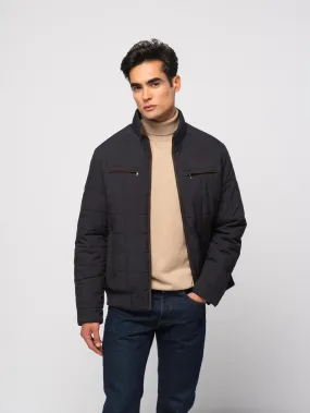 SMF Navy Quilted Grid Puffer Zip Up Jacket With Four Front Pockets