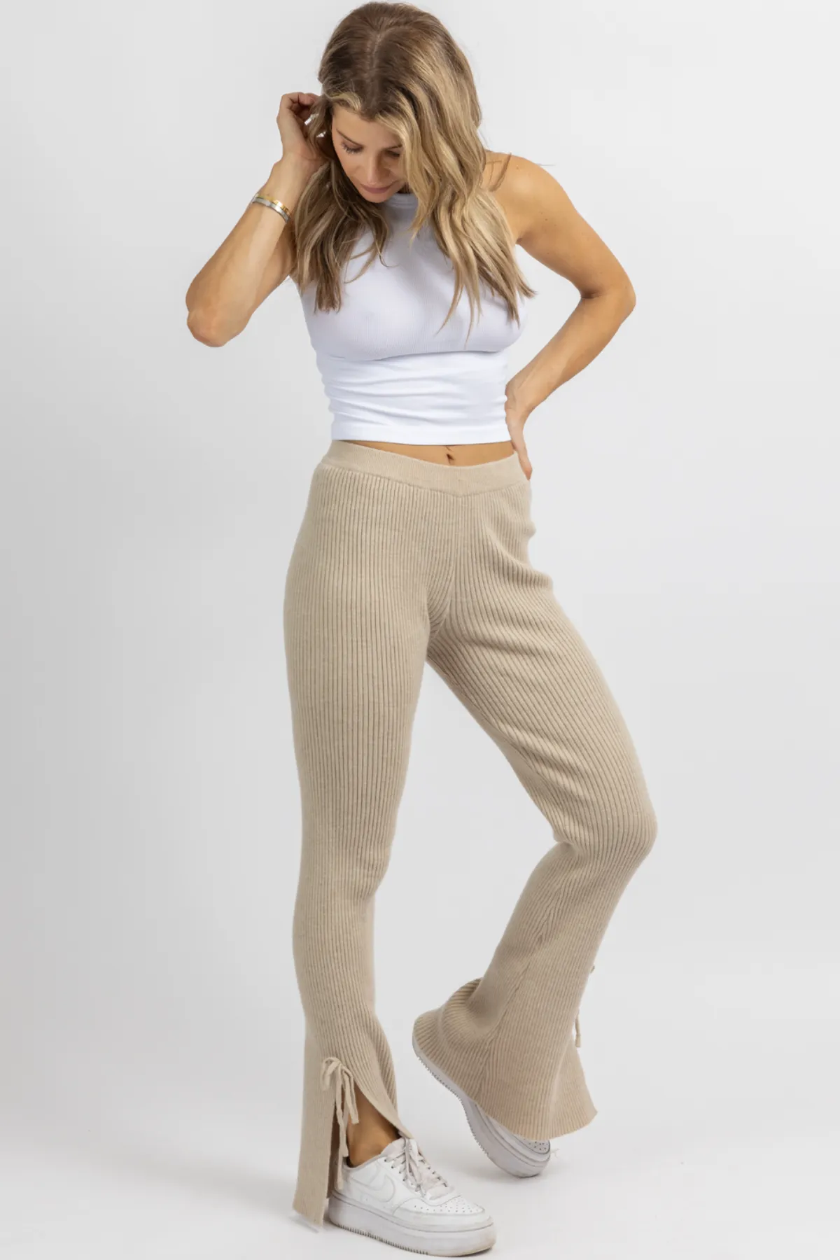TAN KNIT SIDE SLIT   TIE PANT