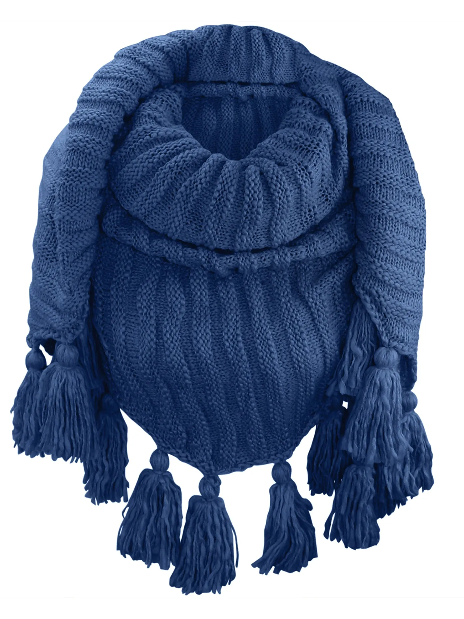 Textured Triangle Winter Knit Shawl Wrap With Tassels