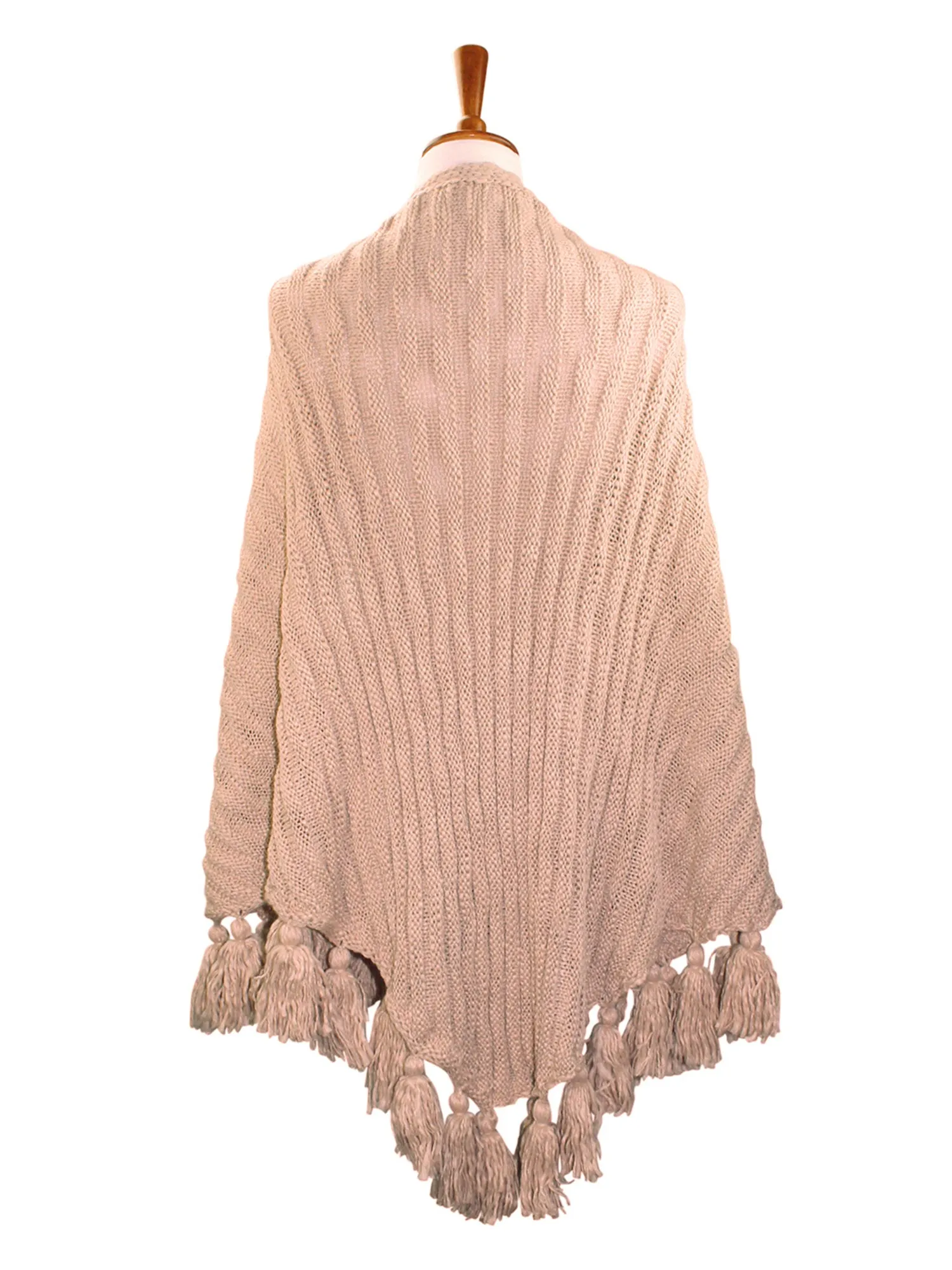 Textured Triangle Winter Knit Shawl Wrap With Tassels