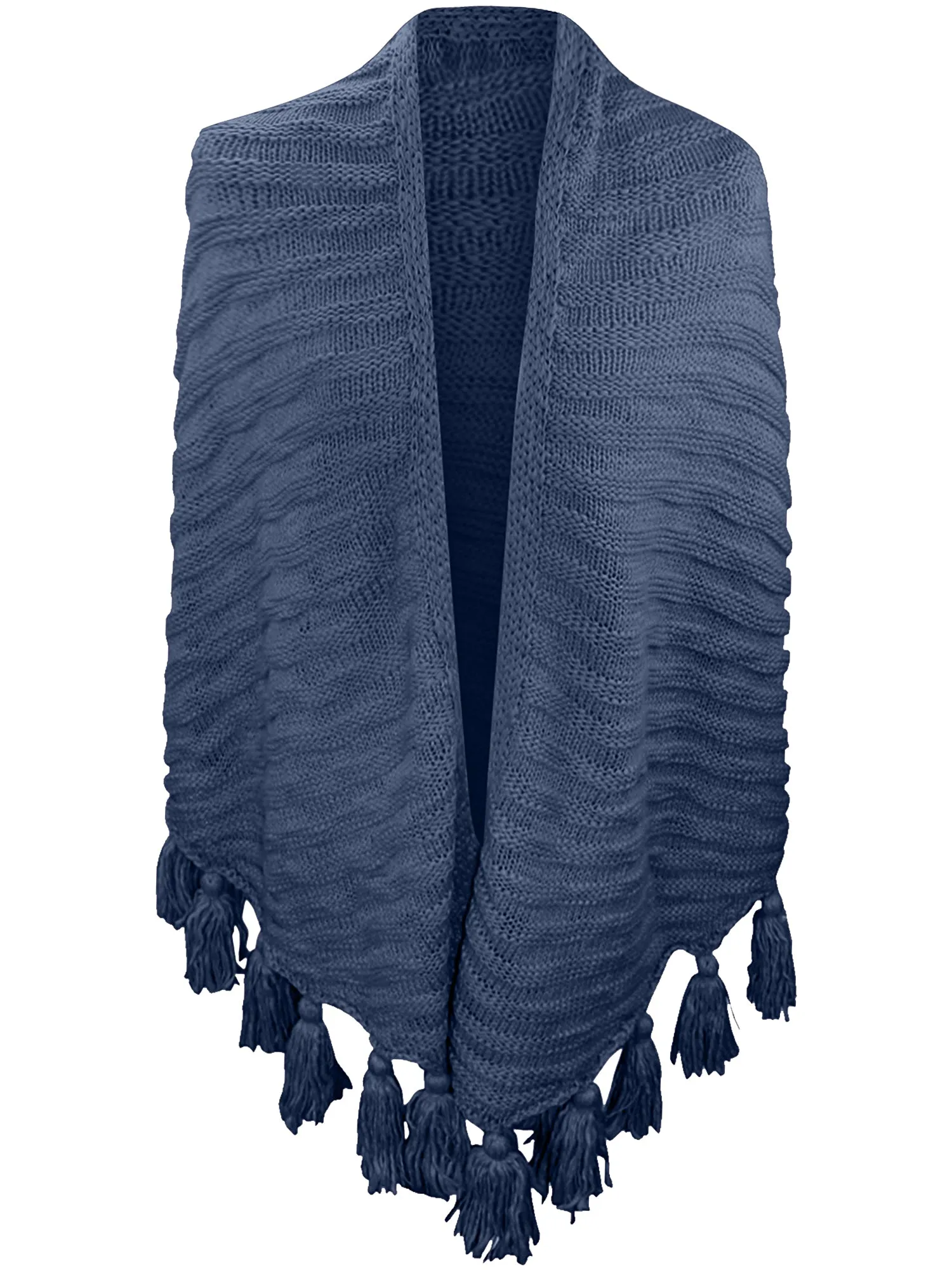 Textured Triangle Winter Knit Shawl Wrap With Tassels