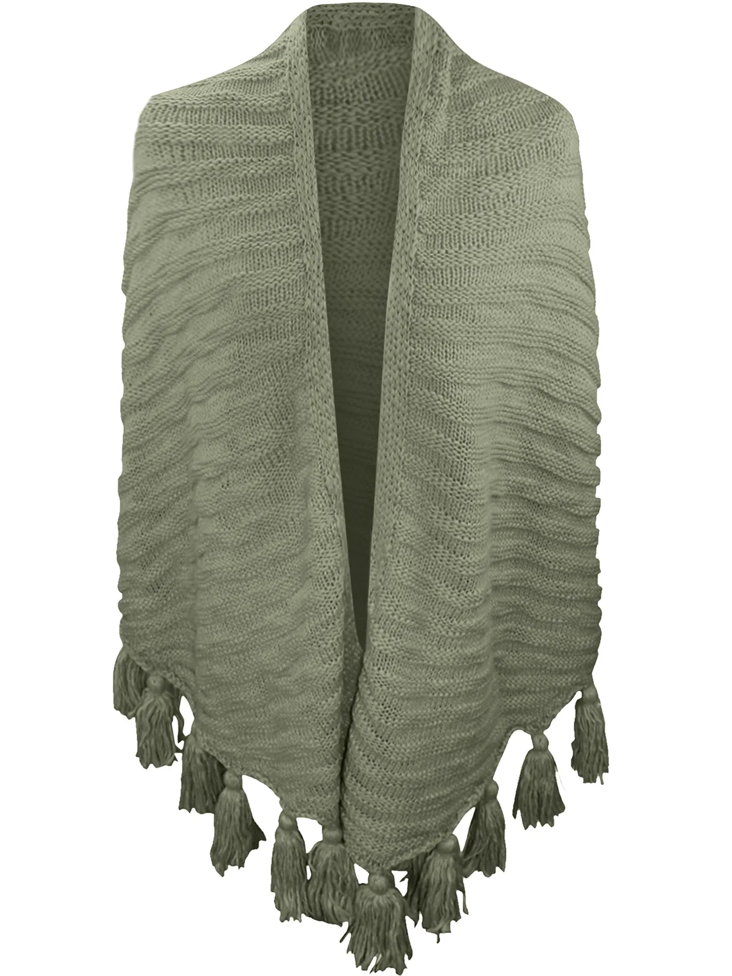 Textured Triangle Winter Knit Shawl Wrap With Tassels