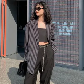Vintage Striped Blazer For Women Notched Collar Long Sleeve Colorblock Blazers Female Autumn Clothing Fashion