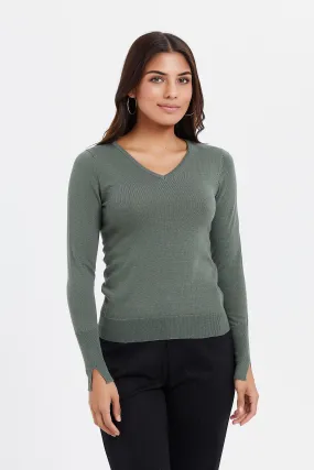 Women Olive Basic Pullover
