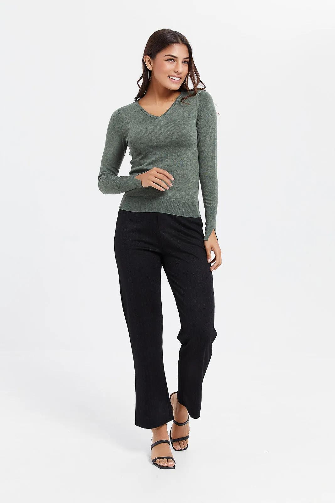 Women Olive Basic Pullover